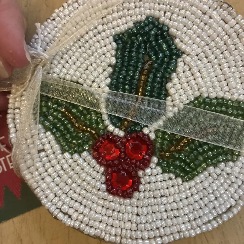 All Over Beaded Christmas Holly Berry Coasters Set of 4 Green Red White 4.5”